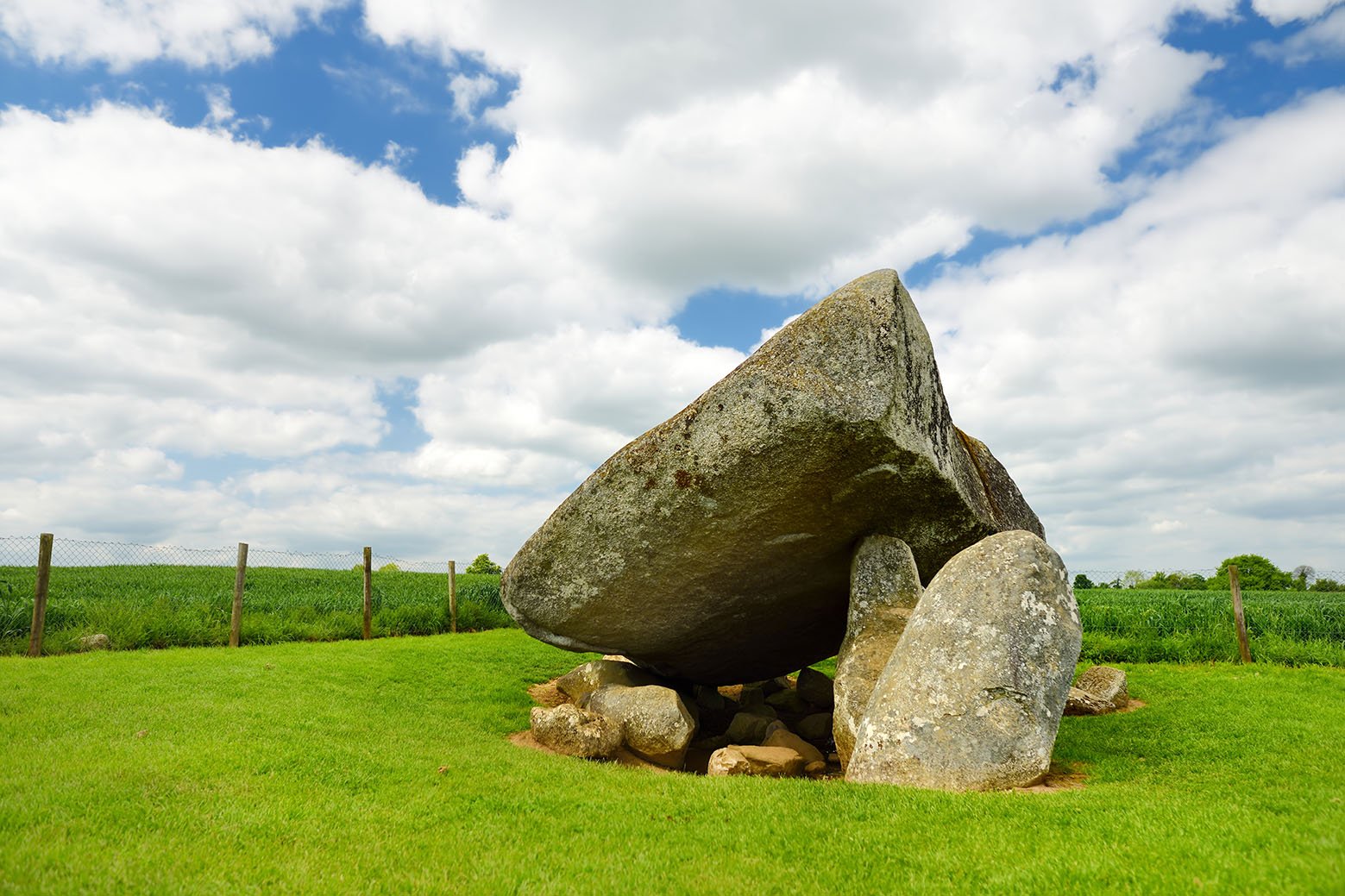 The Brownshill Dolmen, officially known as Kernanstown Cromlech, a magnificent megalithic granite capstone, weighing about 103 tonnes, located in County Carlow, Ireland